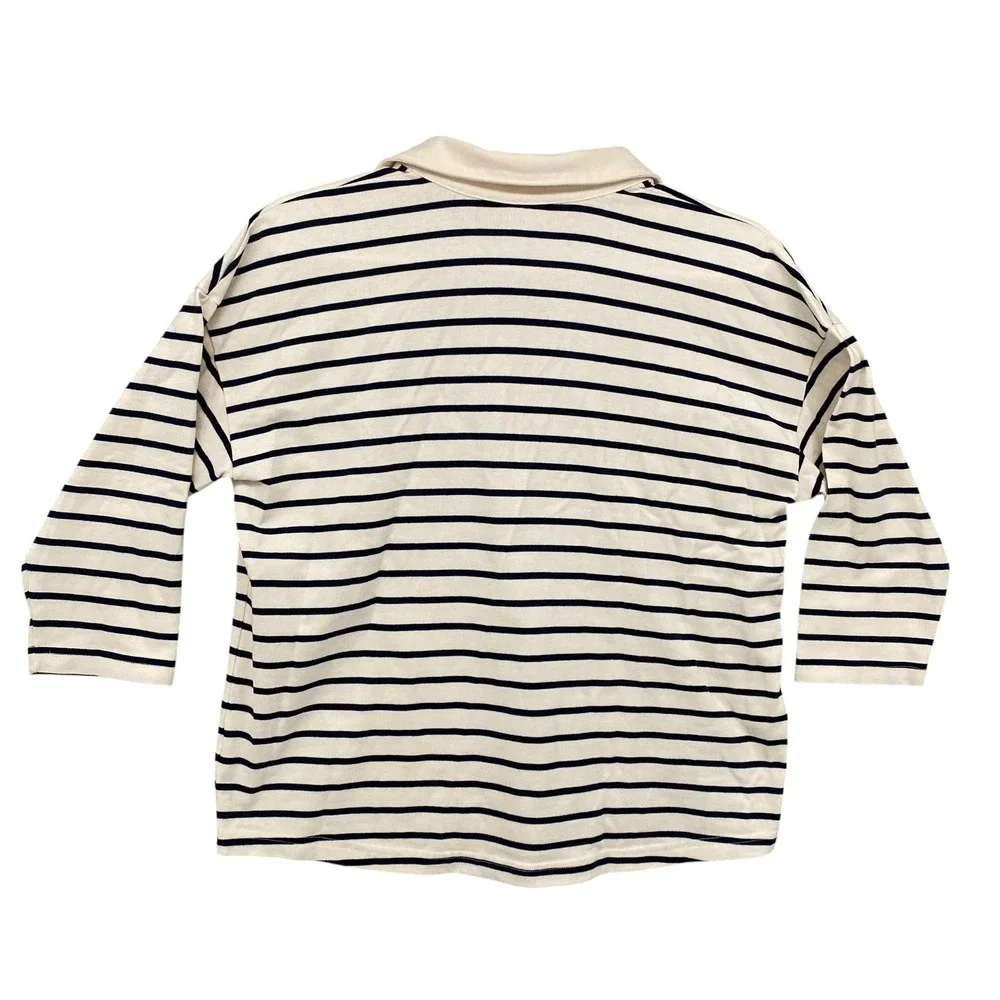 L.L. Bean Striped Polo Shirt V-Neck 3/4 Sleeve Women's XL REG Cream Navy - Picture 9 of 9